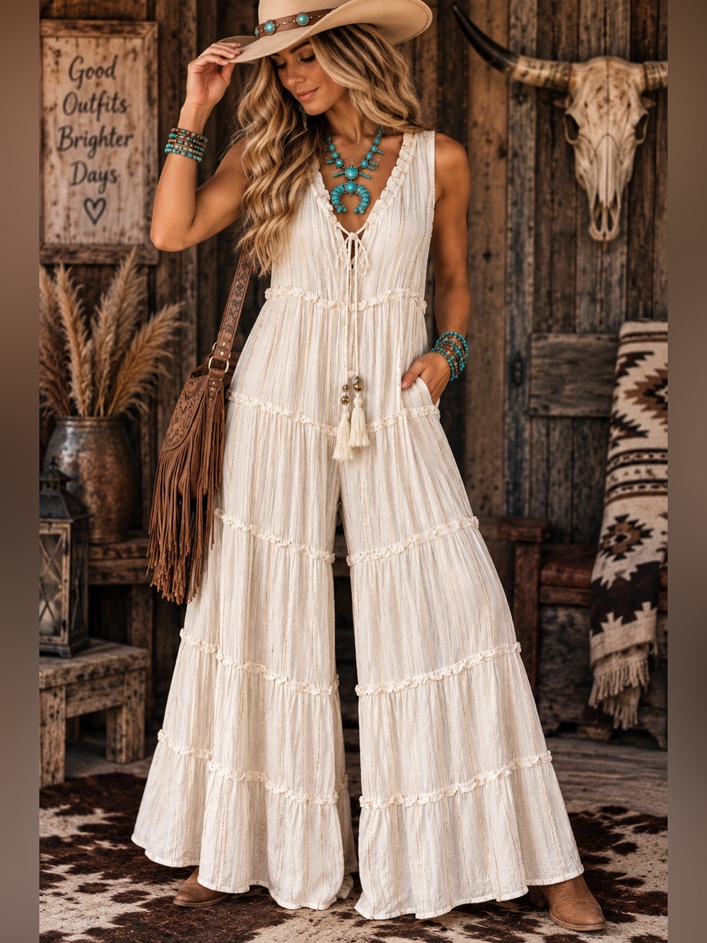 Raga Cream/Gold Boho Wide Leg Jumpsuit Size S Western Festival Tiered Ruffle